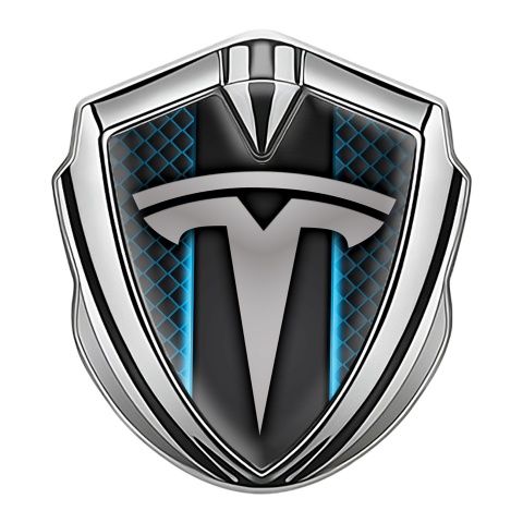 Tesla Trunk Emblem Badge Silver Blue Grid Straight Line Design