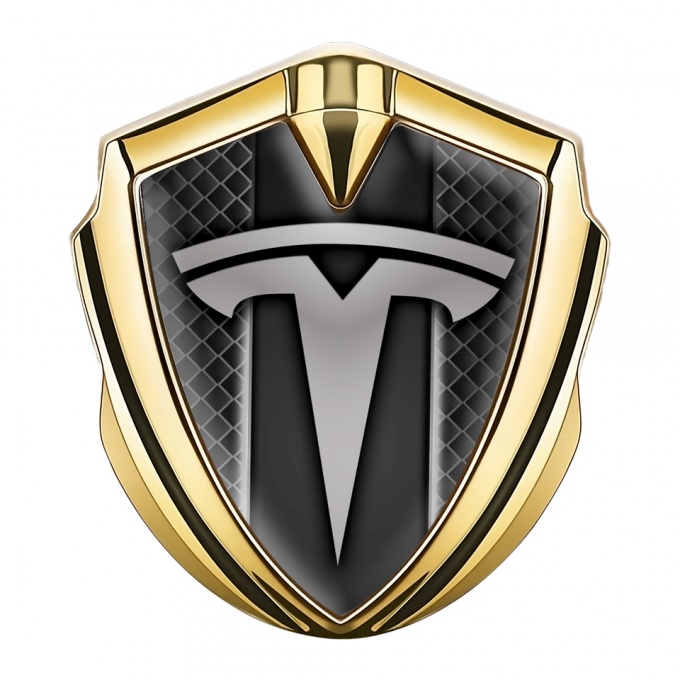 Tesla Trunk Emblem Badge Gold Grey Grid Straight Line Design