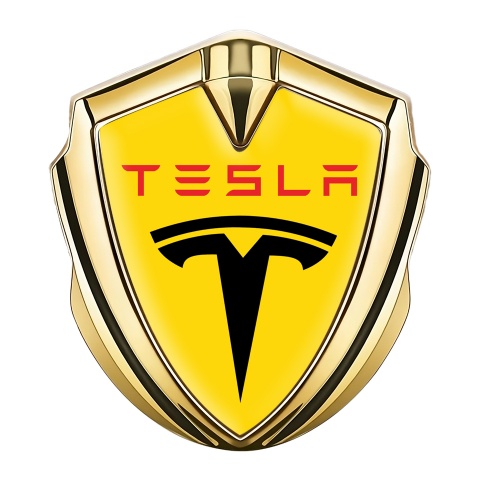 Tesla Fender Emblem Badge Gold Yellow Base Red Logo Design