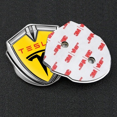 Tesla Fender Emblem Badge Silver Yellow Base Red Logo Design