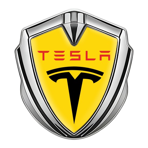 Tesla Fender Emblem Badge Silver Yellow Base Red Logo Design