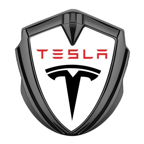 Tesla Bodyside Emblem Graphite White Base Black Red Logo Design