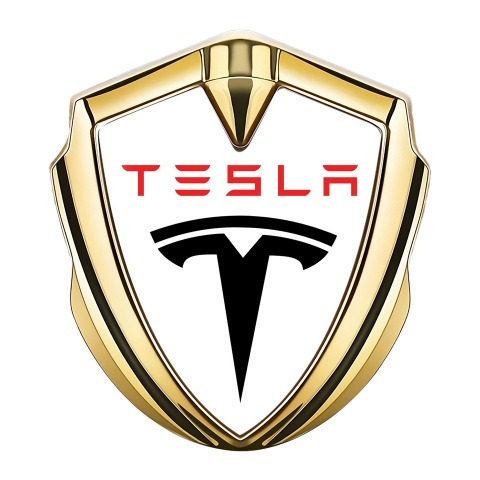 Tesla Bodyside Emblem Gold White Base Black Red Logo Design