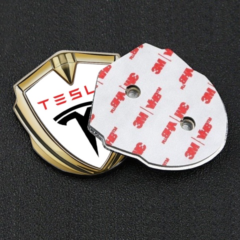 Tesla Bodyside Emblem Gold White Base Black Red Logo Design