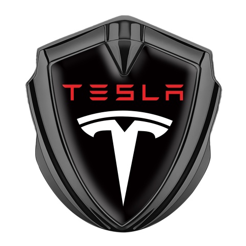 Tesla Fender Emblem Badge Graphite Black Base White Red Logo