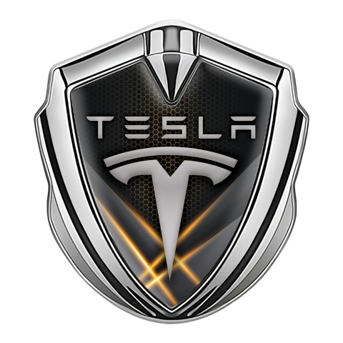 Tesla Trunk Emblem Badge Silver Dark Hex Orange Lights Design