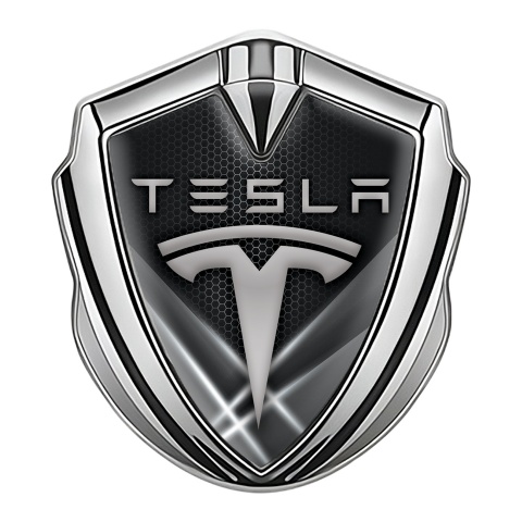 Tesla Trunk Emblem Badge Silver Dark Hex White Lights Design