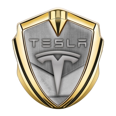 Tesla Fender Metal Emblem Gold Grey Slabs Rough Metal Design