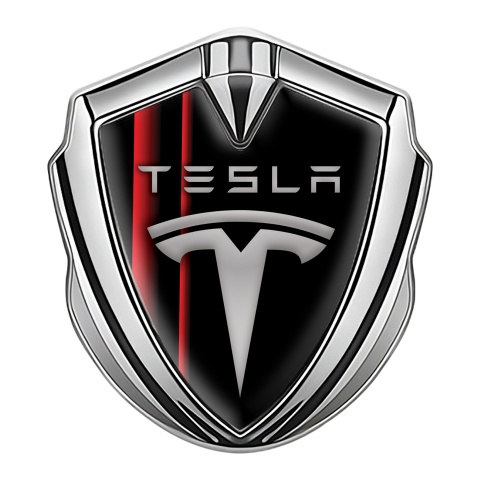 Tesla Tuning Emblem Self Adhesive Silver Red Stripes Grey Logo