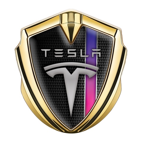 Tesla 3D Car Metal Emblem Gold Black Carbon Color Stripe Design