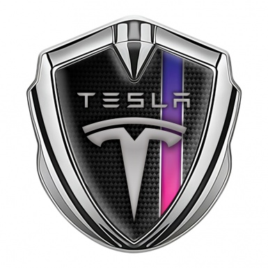 Tesla 3D Car Metal Emblem Silver Black Carbon Color Stripe Design