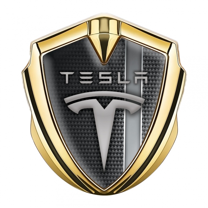 Tesla Fender Emblem Badge Gold Black Carbon Grey Stripe Edition