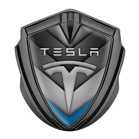 Tesla Metal Emblem Self Adhesive Graphite V Shaped Blue Design
