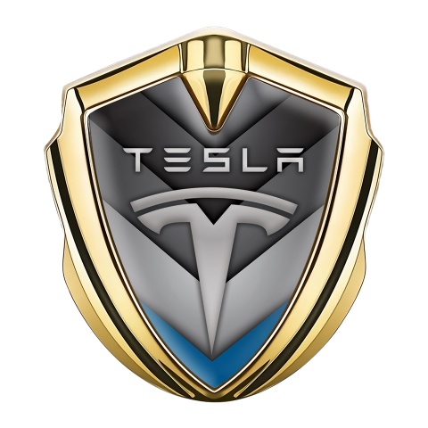 Tesla Metal Emblem Self Adhesive Gold V Shaped Blue Design