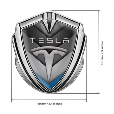 Tesla Metal Emblem Self Adhesive Silver V Shaped Blue Design