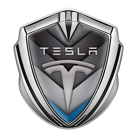 Tesla Metal Emblem Self Adhesive Silver V Shaped Blue Design