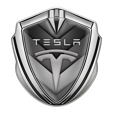 Tesla Metal Emblem Self Adhesive Silver V Shaped Grey Edition