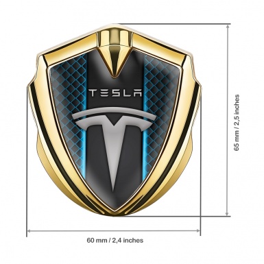 Tesla 3D Car Metal Emblem Gold Blue Grid Straight Line Design