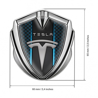 Tesla 3D Car Metal Emblem Silver Blue Grid Straight Line Design
