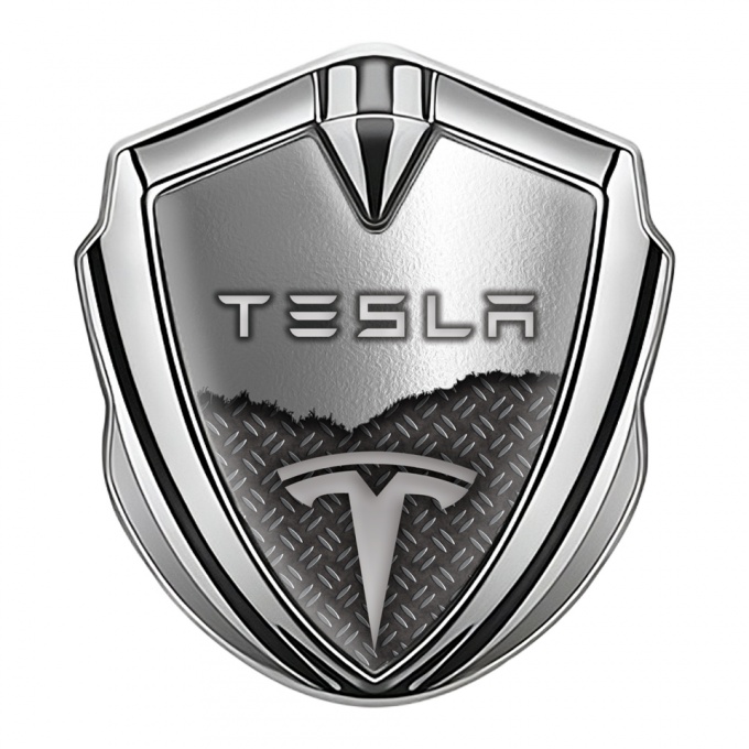 Tesla 3D Car Metal Emblem Silver Half Metal Mesh Edition