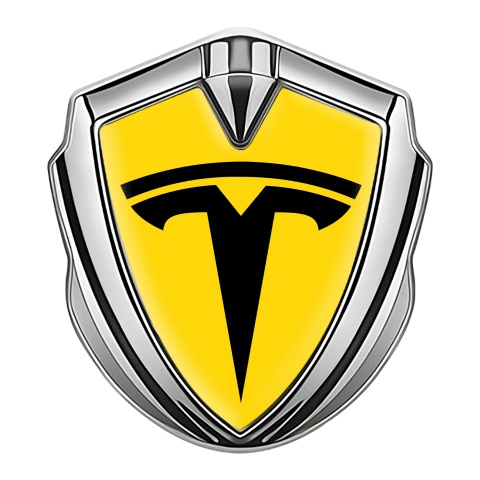 Tesla Fender Emblem Badge Silver Yellow Base Big Logo Design