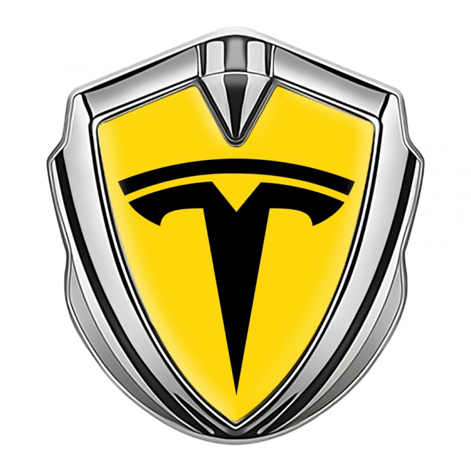 Tesla Fender Emblem Badge Silver Yellow Base Big Logo Design