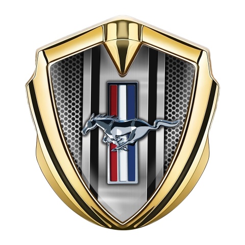 Ford Mustang 3D Car Metal Emblem Gold Metal Stripe Grey Mesh