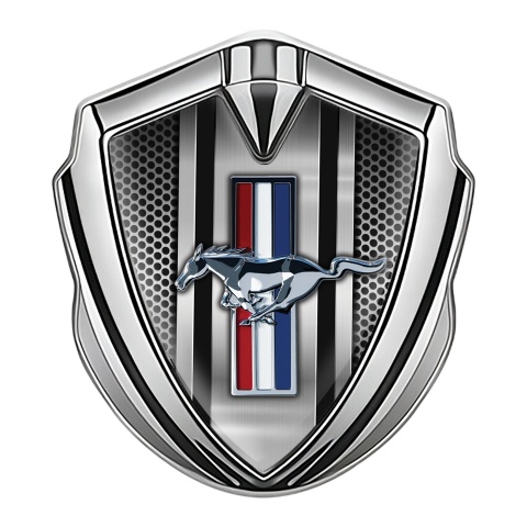 Ford Mustang 3D Car Metal Emblem Silver Metal Stripe Grey Mesh