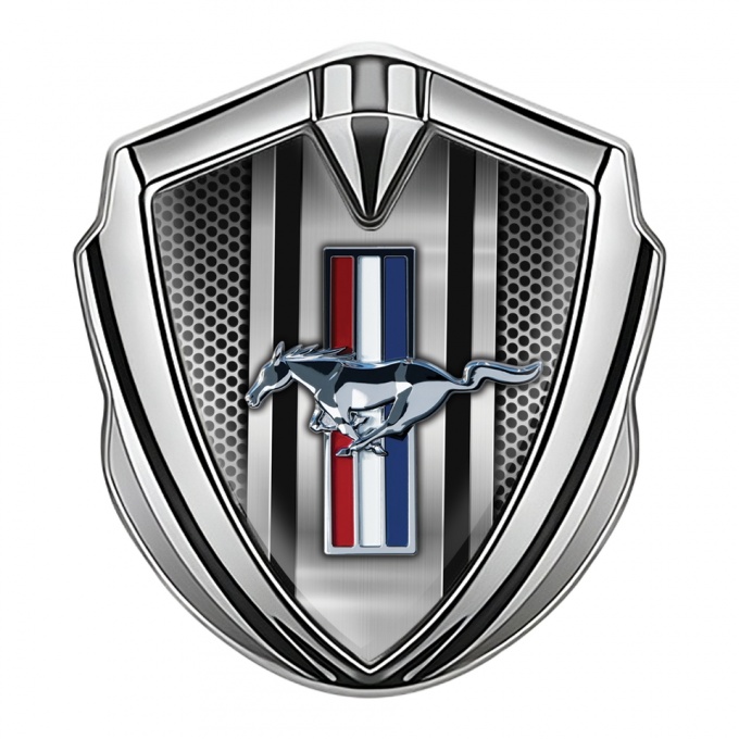 Ford Mustang 3D Car Metal Emblem Silver Metal Stripe Grey Mesh