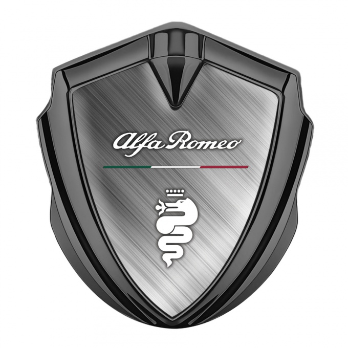 Alfa Romeo Metal Emblem Self Adhesive Graphite Brushed Metal Italian Flag