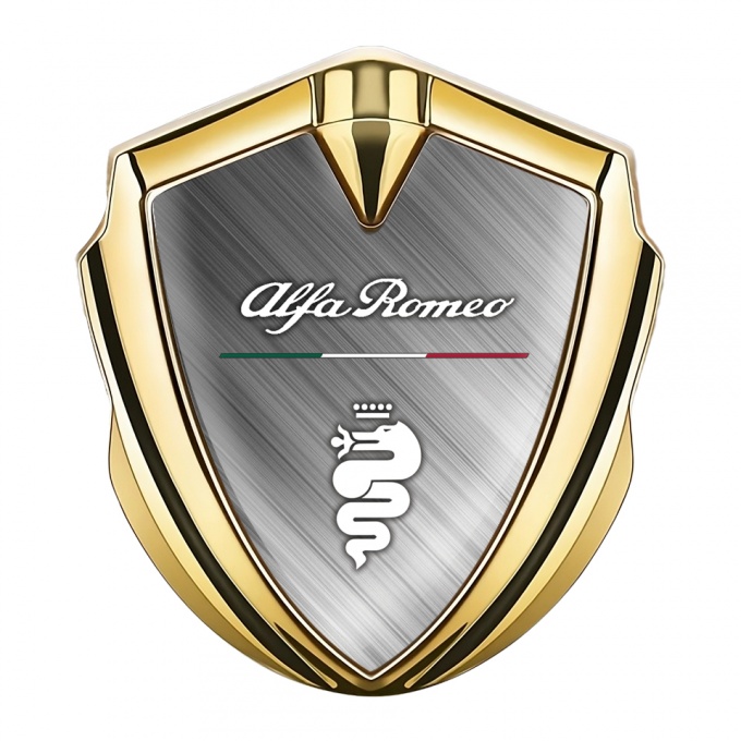 Alfa Romeo Metal Emblem Self Adhesive Gold Brushed Metal Italian Flag