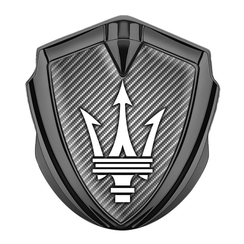 Maserati Metal Emblem Self Adhesive Graphite Carbon Base White Trident