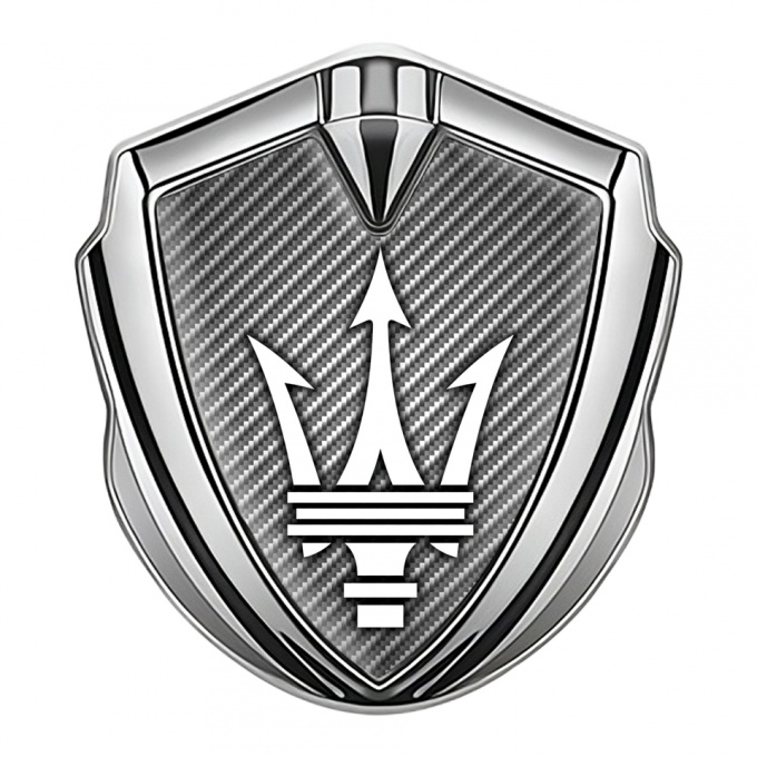 Maserati Metal Emblem Self Adhesive Silver Carbon Base White Trident