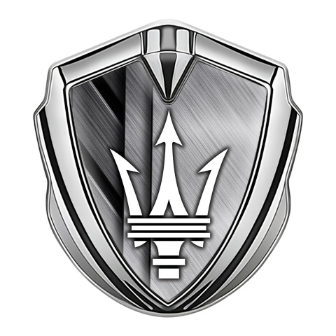 Maserati 3D Car Metal Emblem Silver Brushed Aluminum White Trident