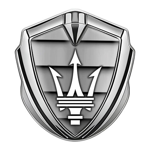 Maserati Fender Emblem Badge Silver Shutter Effect White Trident Logo