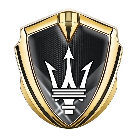 Maserati Metal Emblem Self Adhesive Gold Dark Honeycomb White Trident