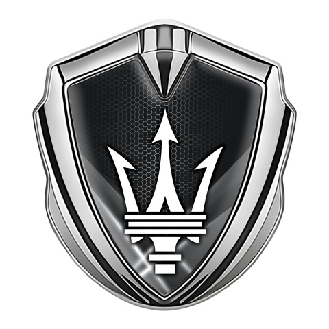 Maserati Metal Emblem Self Adhesive Silver Dark Honeycomb White Trident