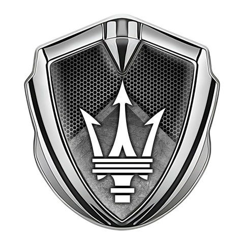 Maserati Bodyside Badge Self Adhesive Silver Guillotine Style White Logo