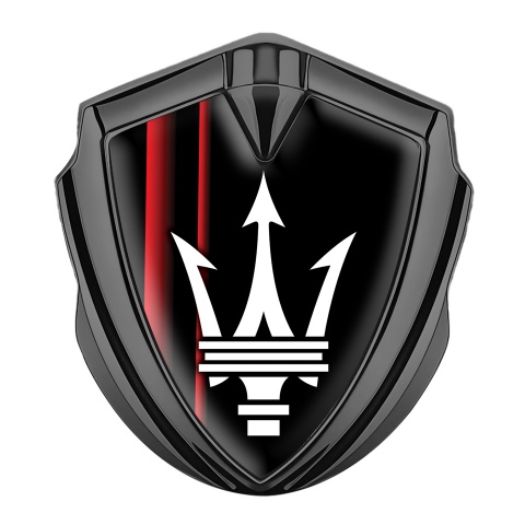 Maserati Trunk Metal Emblem Badge Graphite Black Base Red Racing Stripes