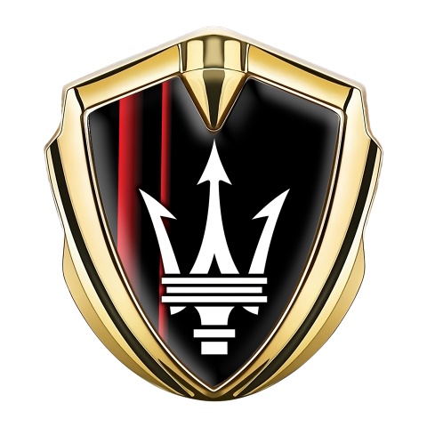 Maserati Trunk Metal Emblem Badge Gold Black Base Red Racing Stripes