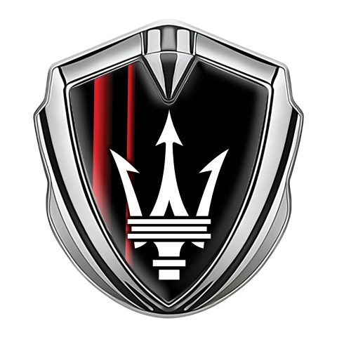 Maserati Trunk Metal Emblem Badge Silver Black Base Red Racing Stripes
