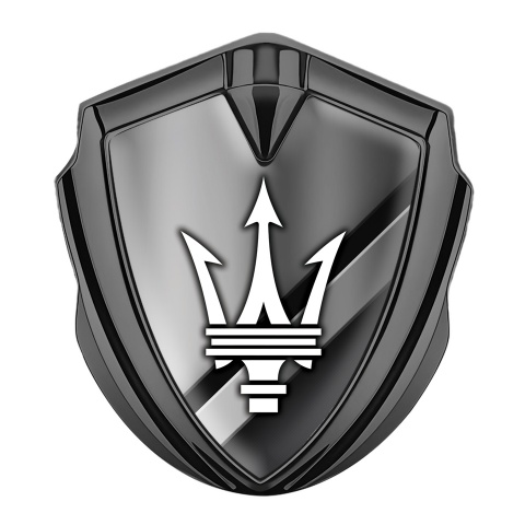 Maserati Metal Emblem Self Adhesive Graphite Diagonal Plates White Trident