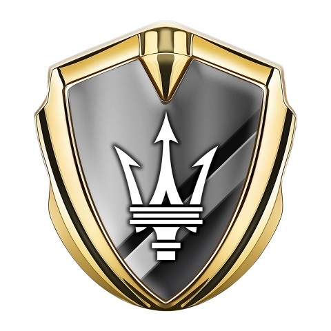 Maserati Metal Emblem Self Adhesive Gold Diagonal Plates White Trident