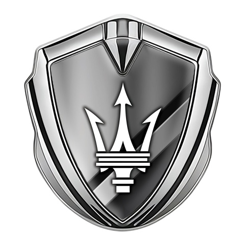 Maserati Metal Emblem Self Adhesive Silver Diagonal Plates White Trident