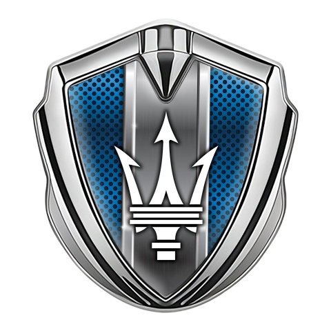 Maserati 3D Car Metal Emblem Silver Diagonal Blue Mesh Trident Logo