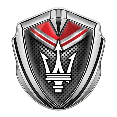 Maserati Metal Emblem Badge Silver Dark Grille Red Panel Trident Logo