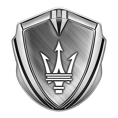 Maserati Trunk Metal Emblem Silver Brushed Metal Effect Trident Logo