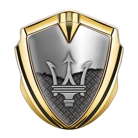 Maserati Fender Emblem Badge Gold Metal Deck Grey Trident Logo