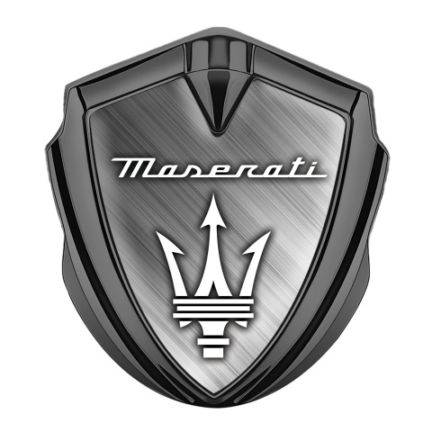Maserati Metal Emblem Self Adhesive Graphite Brushed Aluminum White Logo