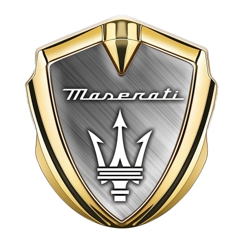 Maserati Metal Emblem Self Adhesive Gold Brushed Aluminum White Logo